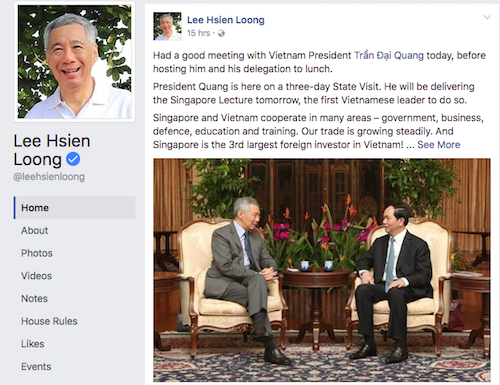 [Lý Hiển Long]                       Thủ tướng Singapore khoe ảnh chụp cùng Chủ tịch nước Trần Đại Quang                                     725